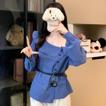 FA43570# 送腰带早秋新款洋气长袖格子衬衫女上衣露肩百搭休闲衬衣 服裝批發女裝批發服飾貨源