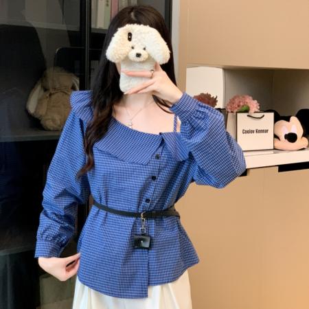 FA43570# 送腰带早秋新款洋气长袖格子衬衫女上衣露肩百搭休闲衬衣 服裝批發女裝批發服飾貨源