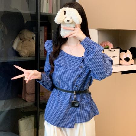 FA43570# 送腰带早秋新款洋气长袖格子衬衫女上衣露肩百搭休闲衬衣 服裝批發女裝批發服飾貨源