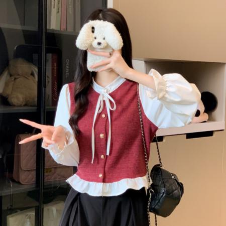 FA43571# 假两件坑条马甲拼接衬衫法式优雅蝴蝶结装饰立领打底小衫上衣 服裝批發女裝批發服飾貨源