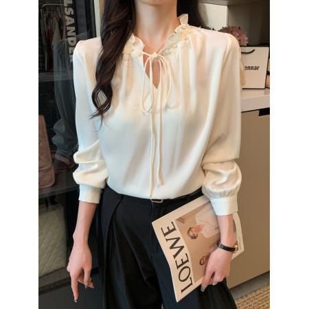 FA43574# 法式温柔气质面试衬衫女士职业通勤衬衣长袖木耳边上衣 服裝批發女裝批發服飾貨源