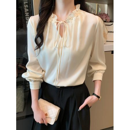 FA43574# 法式温柔气质面试衬衫女士职业通勤衬衣长袖木耳边上衣 服裝批發女裝批發服飾貨源
