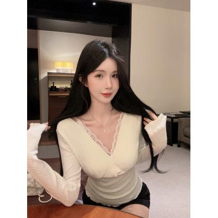 FA43575# 纯欲辣妹风设计感V领修身白色蕾丝假两件长袖上衣打底衫 服裝批發女裝批發服飾貨源