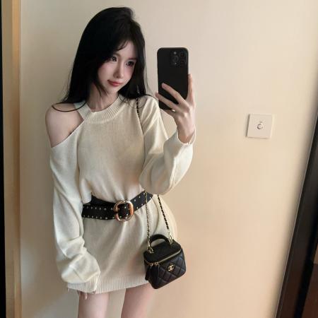 FA43576# 秋季慵懒风露肩针织上衣秋季新款收腰显瘦辣妹上衣 服裝批發女裝批發服飾貨源