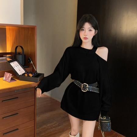 FA43576# 秋季慵懒风露肩针织上衣秋季新款收腰显瘦辣妹上衣 服裝批發女裝批發服飾貨源