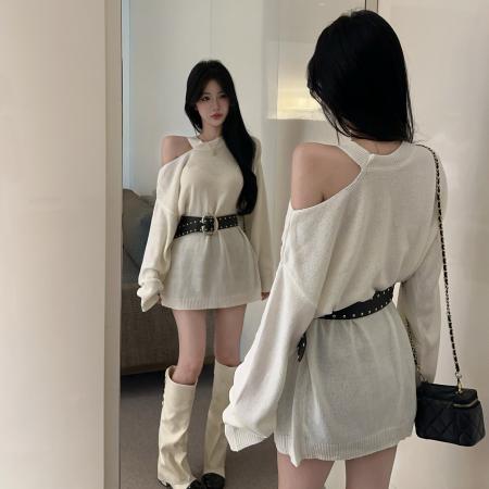 FA43576# 秋季慵懒风露肩针织上衣秋季新款收腰显瘦辣妹上衣 服裝批發女裝批發服飾貨源