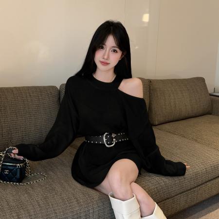 FA43576# 秋季慵懒风露肩针织上衣秋季新款收腰显瘦辣妹上衣 服裝批發女裝批發服飾貨源