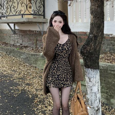 FA43579# 辣妹复古豹纹套装女慵懒风毛衣开衫性感内搭背心半身裙 服裝批發女裝批發服飾貨源