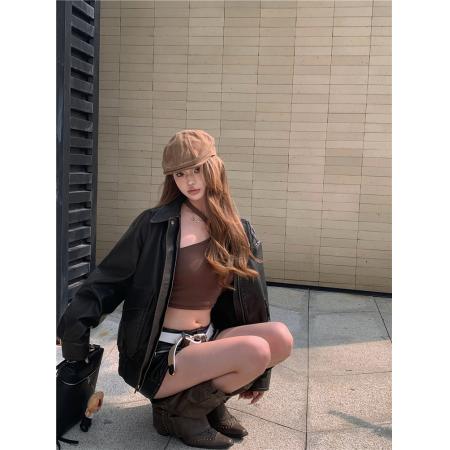 FA43580# 高级感翻领PU皮衣外套女美式复古机车服上衣潮 服裝批發女裝批發服飾貨源