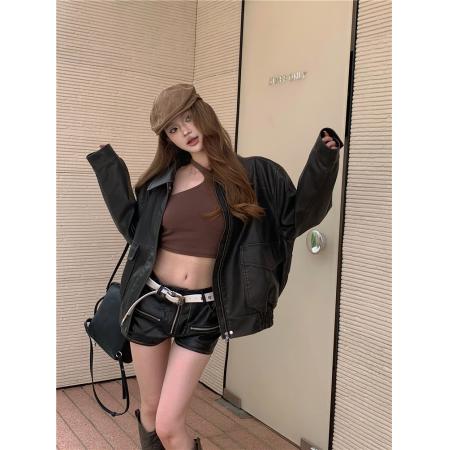 FA43580# 高级感翻领PU皮衣外套女美式复古机车服上衣潮 服裝批發女裝批發服飾貨源