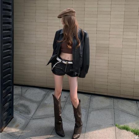 FA43580# 高级感翻领PU皮衣外套女美式复古机车服上衣潮 服裝批發女裝批發服飾貨源