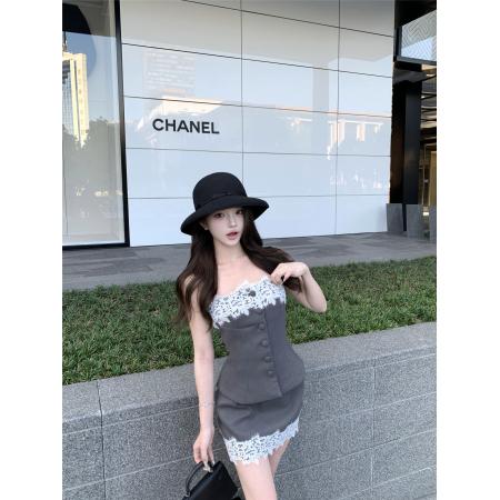 FA43581# 生日套装裙女气质韩系千金风蕾丝抹胸上衣包臀短裙两件套 服裝批發女裝批發服飾貨源
