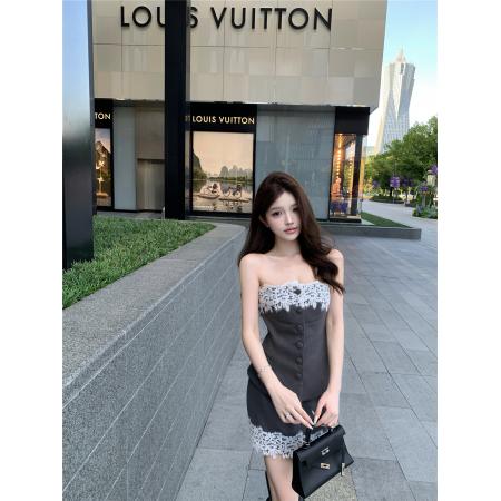 FA43581# 生日套装裙女气质韩系千金风蕾丝抹胸上衣包臀短裙两件套 服裝批發女裝批發服飾貨源