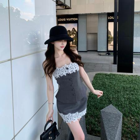 FA43581# 生日套装裙女气质韩系千金风蕾丝抹胸上衣包臀短裙两件套 服裝批發女裝批發服飾貨源
