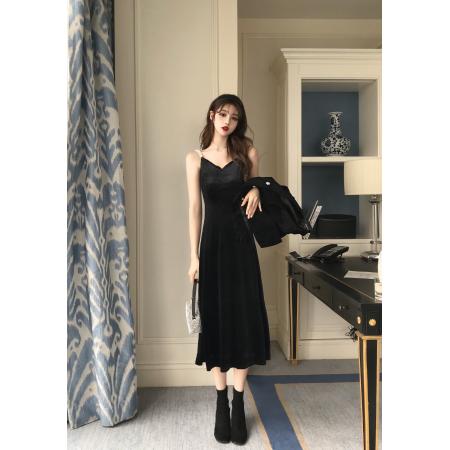 FA43587# 时尚气质性感中长款V领丝绒珍珠吊带打底连衣裙 服裝批發女裝批發服飾貨源