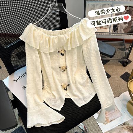 FA43589# 一字领长袖衬衫女秋季新款时尚洋气修身显瘦设计感花朵打底衫上衣 服裝批發女裝批發服飾貨源