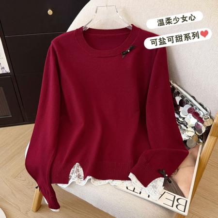 FA43590# 秋冬新款时尚百搭蕾丝拼接圆领长袖毛针织衫女内搭外穿打底衫上衣 服裝批發女裝批發服飾貨源