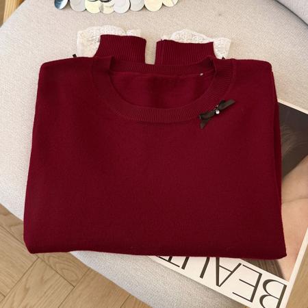 FA43590# 秋冬新款时尚百搭蕾丝拼接圆领长袖毛针织衫女内搭外穿打底衫上衣 服裝批發女裝批發服飾貨源