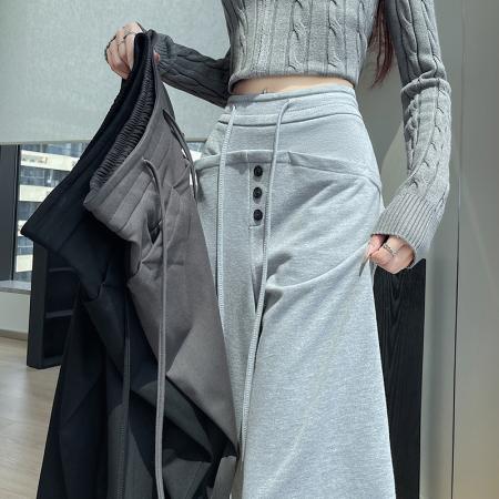 FA43595# 灰色排扣休闲卫裤女秋冬新款高腰显瘦抽绳直筒阔腿拖地运动裤子 服裝批發女裝批發服飾貨源