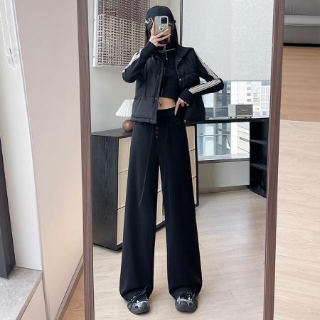FA43595# 灰色排扣休闲卫裤女秋冬新款高腰显瘦抽绳直筒阔腿拖地运动裤子 服裝批發女裝批發服飾貨源