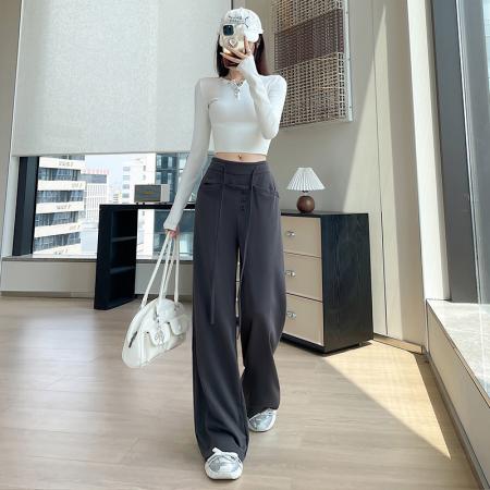 FA43595# 灰色排扣休闲卫裤女秋冬新款高腰显瘦抽绳直筒阔腿拖地运动裤子 服裝批發女裝批發服飾貨源