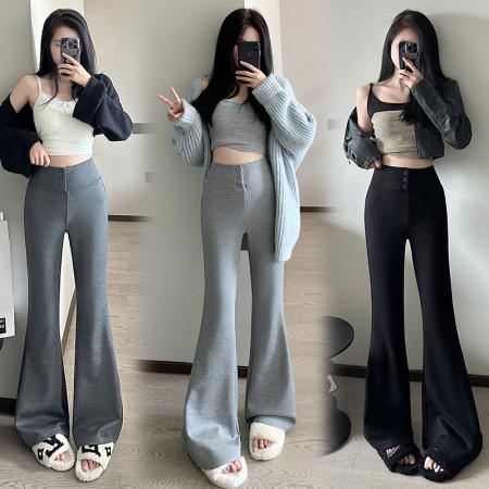 FA43596# 美式复古空气棉微喇叭运动卫裤女秋冬高腰显瘦宽松垂感拖地休闲裤 服裝批發女裝批發服飾貨源