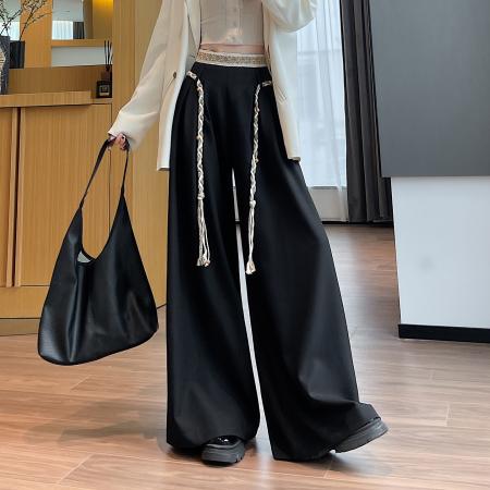 FA43597# 高级感拼接西装阔腿裤女秋冬新款高腰禅意显瘦直筒拖地大甩裤 服裝批發女裝批發服飾貨源