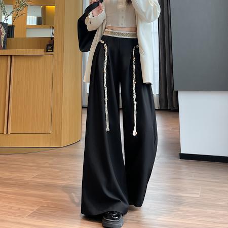 FA43597# 高级感拼接西装阔腿裤女秋冬新款高腰禅意显瘦直筒拖地大甩裤 服裝批發女裝批發服飾貨源