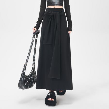 FA43602# 设计感假两件针织半身裙女秋季新款垂坠感绑带腰直筒包臀A字长裙 服裝批發女裝批發服飾貨源