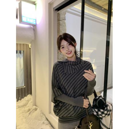 FA43606# 黑灰色针织衫女巨好看早秋穿搭韩系蝙蝠袖宽松长袖毛衣上衣 服裝批發女裝批發服飾貨源