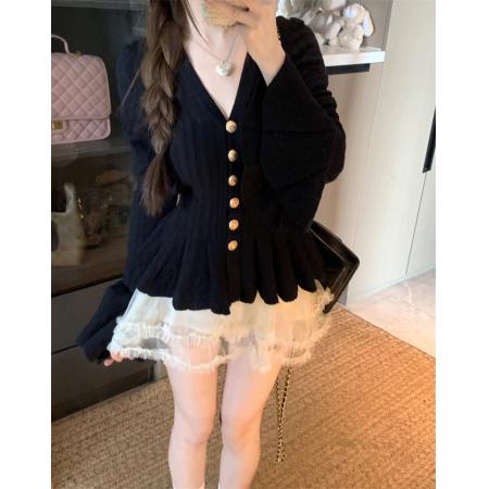 FA43608# 黑色毛衣开衫女秋季新款千金感喇叭袖上衣长袖针织衫 服裝批發女裝批發服飾貨源