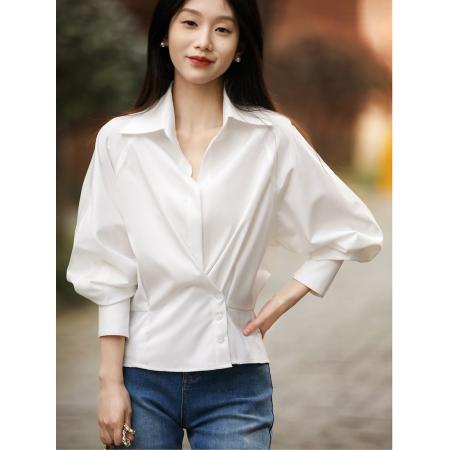 FA43609# 气质感斜扣佰搭收腰显瘦翻领衬衫上衣秋 服裝批發女裝批發服飾貨源