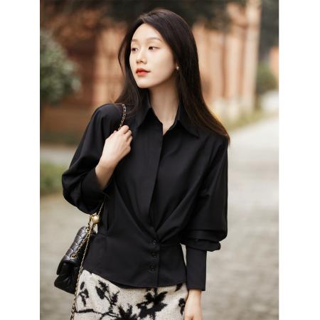 FA43609# 气质感斜扣佰搭收腰显瘦翻领衬衫上衣秋 服裝批發女裝批發服飾貨源