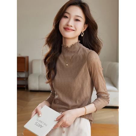 FA43611# 秋新款花边半高领内搭长袖T恤上衣肌理蕾丝打底衫女 服裝批發女裝批發服飾貨源