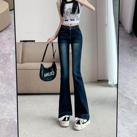 FA43613# 紧身腰带微喇牛仔裤女秋季新款弹力显瘦喇叭牛仔裤 服裝批發女裝批發服飾貨源