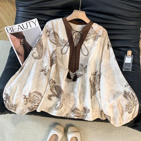 FA43623# 大码时尚波西米亚风棉麻印花长袖拼接立领宽松上衣女 服裝批發女裝批發服飾貨源