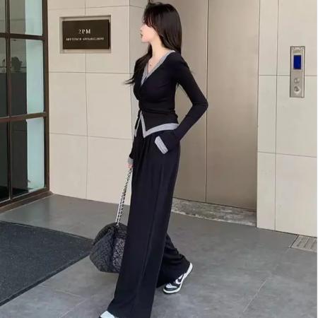 FA43625# 秋季休闲时尚假两件设计显瘦上衣+高腰显瘦阔腿裤两件套套装 服裝批發女裝批發服飾貨源