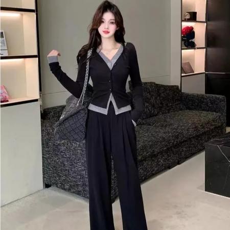 FA43625# 秋季休闲时尚假两件设计显瘦上衣+高腰显瘦阔腿裤两件套套装 服裝批發女裝批發服飾貨源