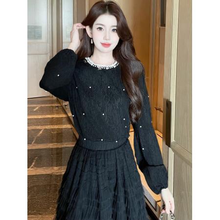FA43627# 秋冬新款重工珍珠淑女气质蕾丝衫小香风长袖T百搭上衣 服裝批發女裝批發服飾貨源