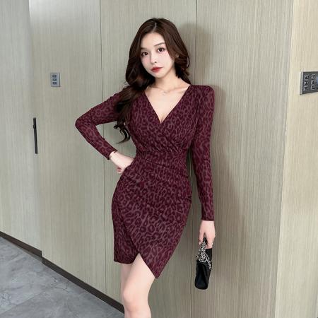 FA43635# 新款打底性感网纱包臀短裙长袖豹纹V领连衣裙 服裝批發女裝批發服飾貨源