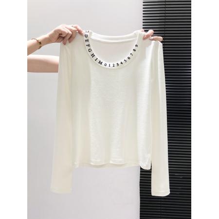 FA43638# 小众独特领口印花长袖t恤女秋季新款修身显瘦简约休闲小上衣 服裝批發女裝批發服飾貨源