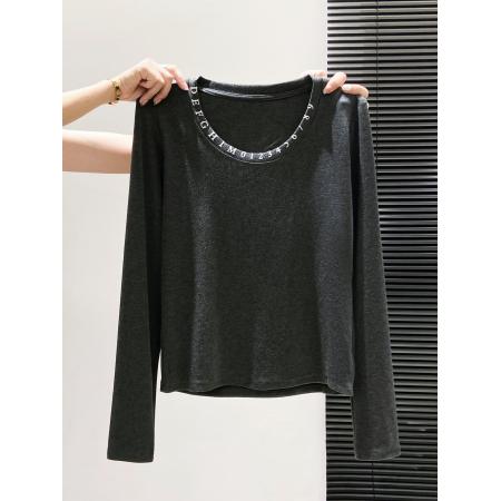 FA43638# 小众独特领口印花长袖t恤女秋季新款修身显瘦简约休闲小上衣 服裝批發女裝批發服飾貨源