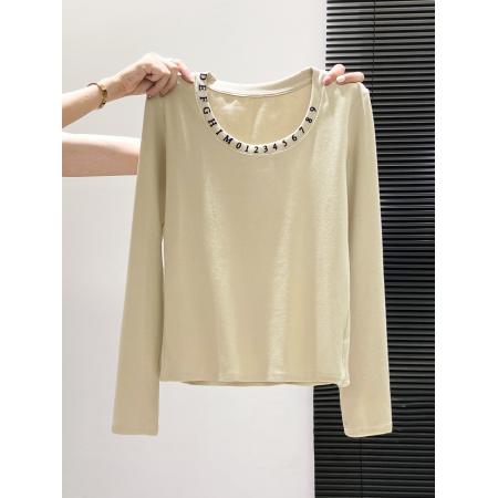 FA43638# 小众独特领口印花长袖t恤女秋季新款修身显瘦简约休闲小上衣 服裝批發女裝批發服飾貨源