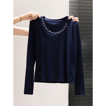 FA43638# 小众独特领口印花长袖t恤女秋季新款修身显瘦简约休闲小上衣 服裝批發女裝批發服飾貨源