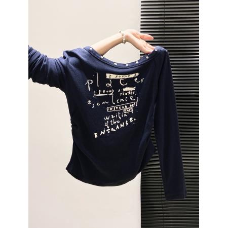 FA43639# 美式铆钉斜领长袖t恤女秋季新款褶皱收腰显瘦打底衫露肩上衣 服裝批發女裝批發服飾貨源