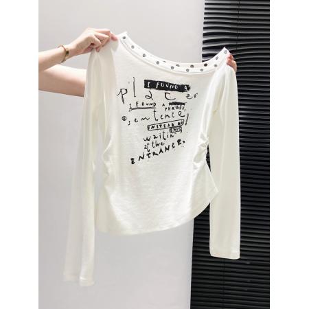 FA43639# 美式铆钉斜领长袖t恤女秋季新款褶皱收腰显瘦打底衫露肩上衣 服裝批發女裝批發服飾貨源