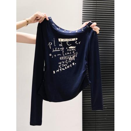 FA43639# 美式铆钉斜领长袖t恤女秋季新款褶皱收腰显瘦打底衫露肩上衣 服裝批發女裝批發服飾貨源