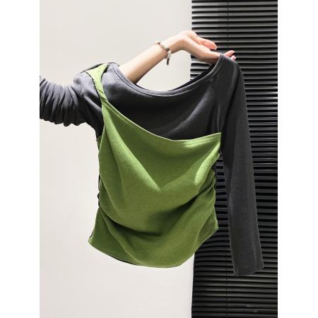 FA43641# 设计感拼接斜领假两件长袖t恤女秋季新款收腰时尚显瘦短上衣 服裝批發女裝批發服飾貨源