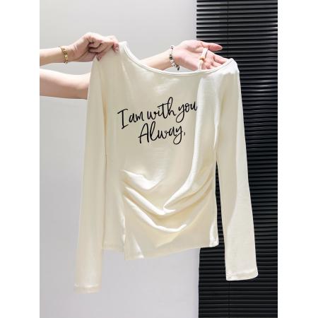 FA43642# 美式字母印花斜领露肩长袖T恤女秋季季新款褶皱修身显瘦上衣 服裝批發女裝批發服飾貨源