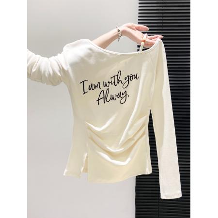 FA43642# 美式字母印花斜领露肩长袖T恤女秋季季新款褶皱修身显瘦上衣 服裝批發女裝批發服飾貨源